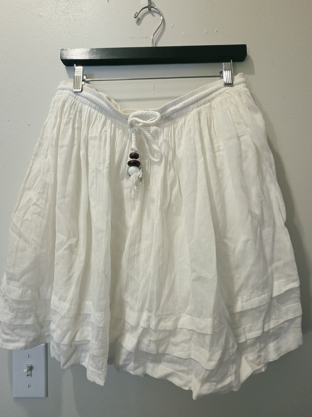 White Tiered Lightweight Cotton Drawstring A-line Short Skirt Size L Boho Summer